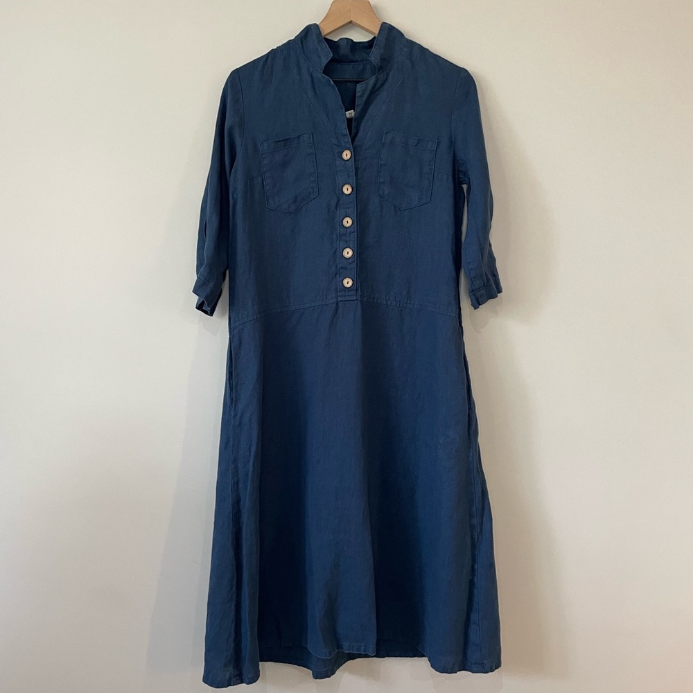 Knock knock linen collared indigo blue midi dress with buttons